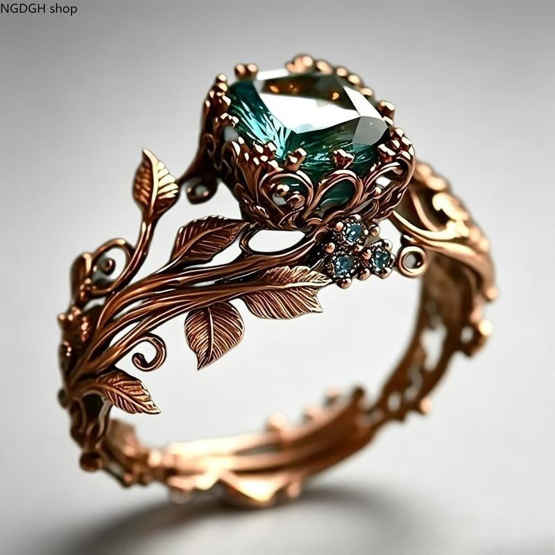 Ornate Vine Leaf Green Stone Ring