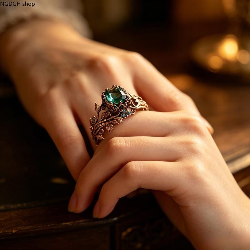 Ornate Vine Leaf Green Stone Ring