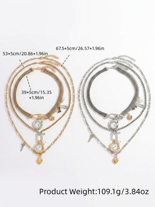 Vintage Layered Clock Heart Necklace Set