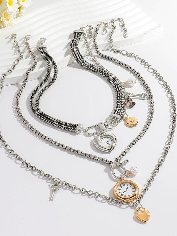 Vintage Layered Clock Heart Necklace Set
