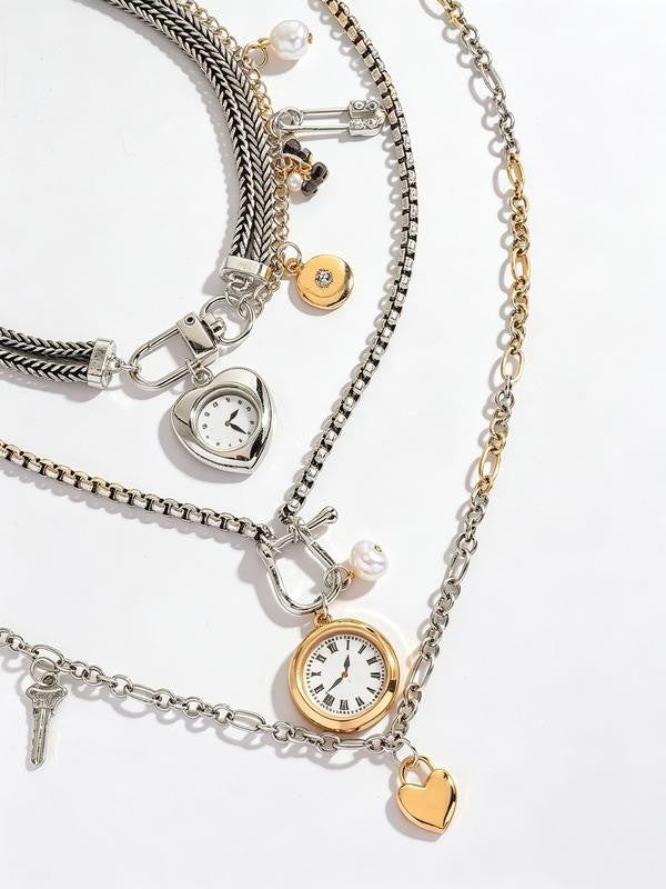 Vintage Layered Clock Heart Necklace Set