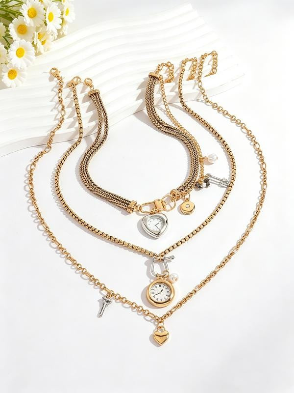 Vintage Layered Clock Heart Necklace Set