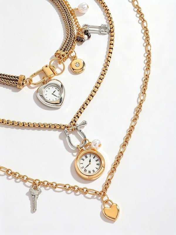 Vintage Layered Clock Heart Necklace Set
