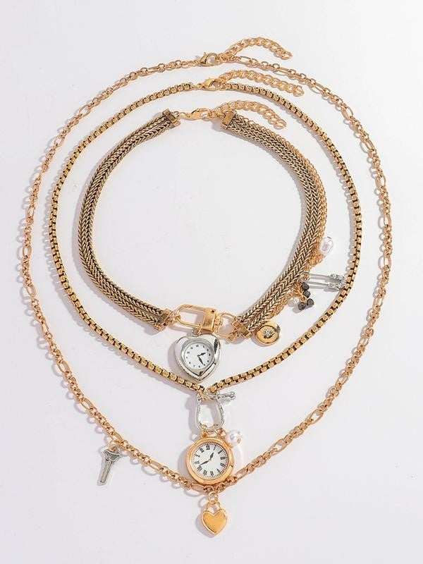 Vintage Layered Clock Heart Necklace Set