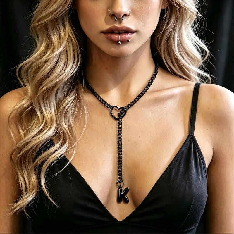 Black Heart Slip Chain Initial Necklace