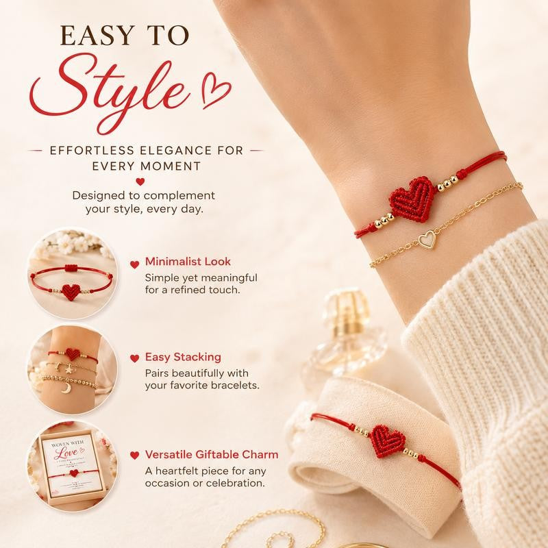 Adjustable Red Woven Heart Bracelet